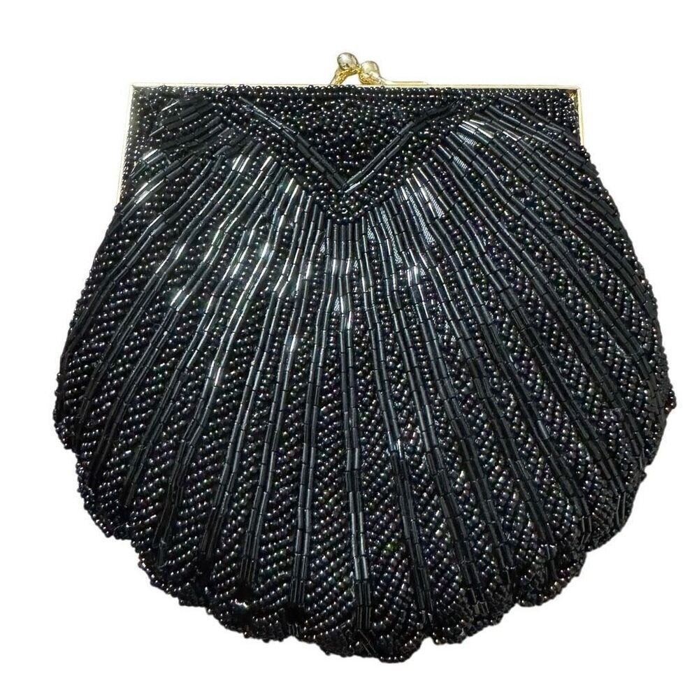 Carla Marchi Black Beaded Clamshell Clutch Handbag Evening Bag Vintage